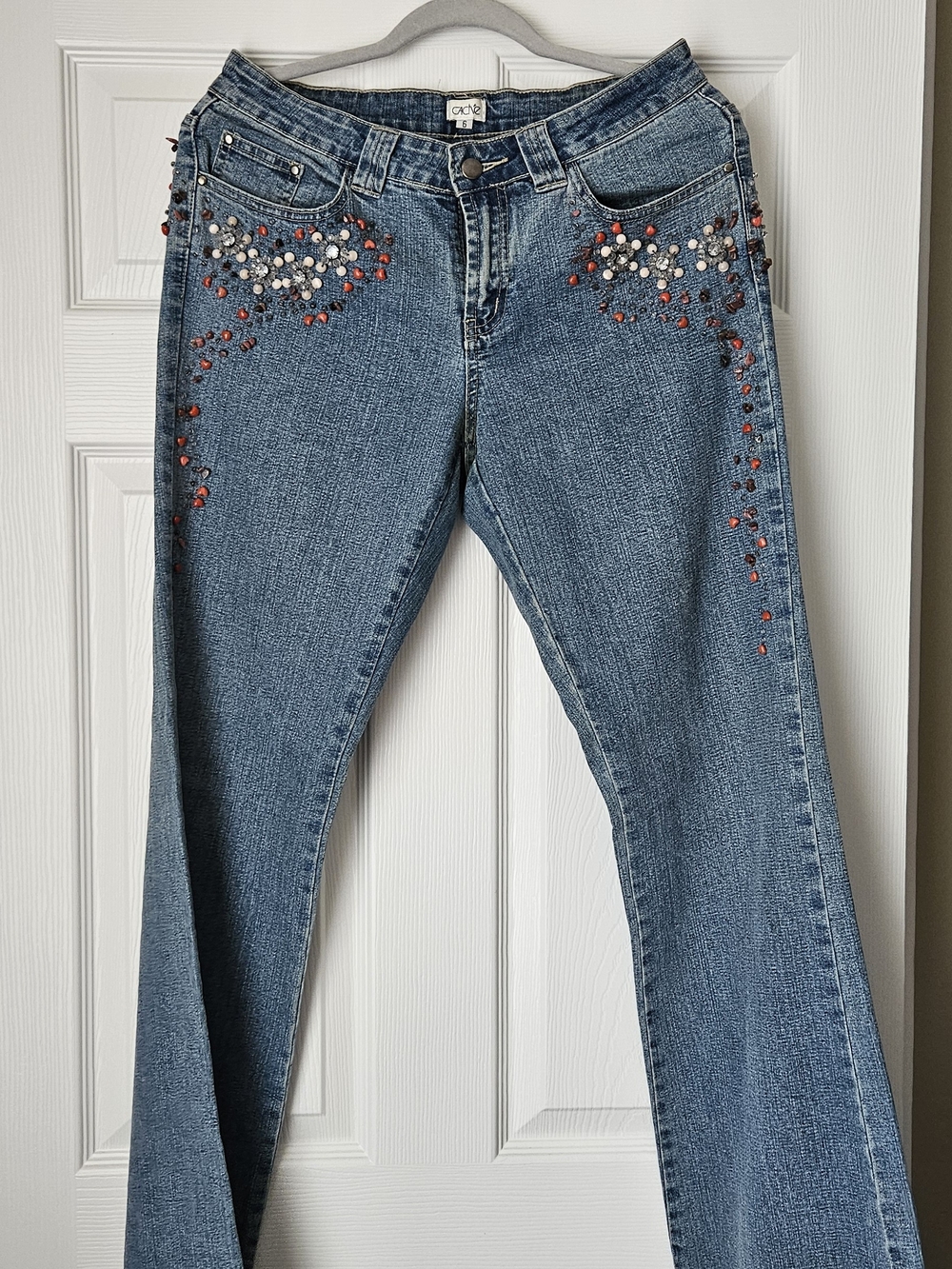 Cache Blue Flared Jeans with Red and Silver Stud Detailing